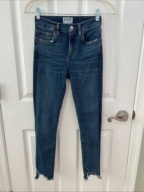 Agolde Dark Indigo High-Rise Skinny Jeans with Frayed Hem